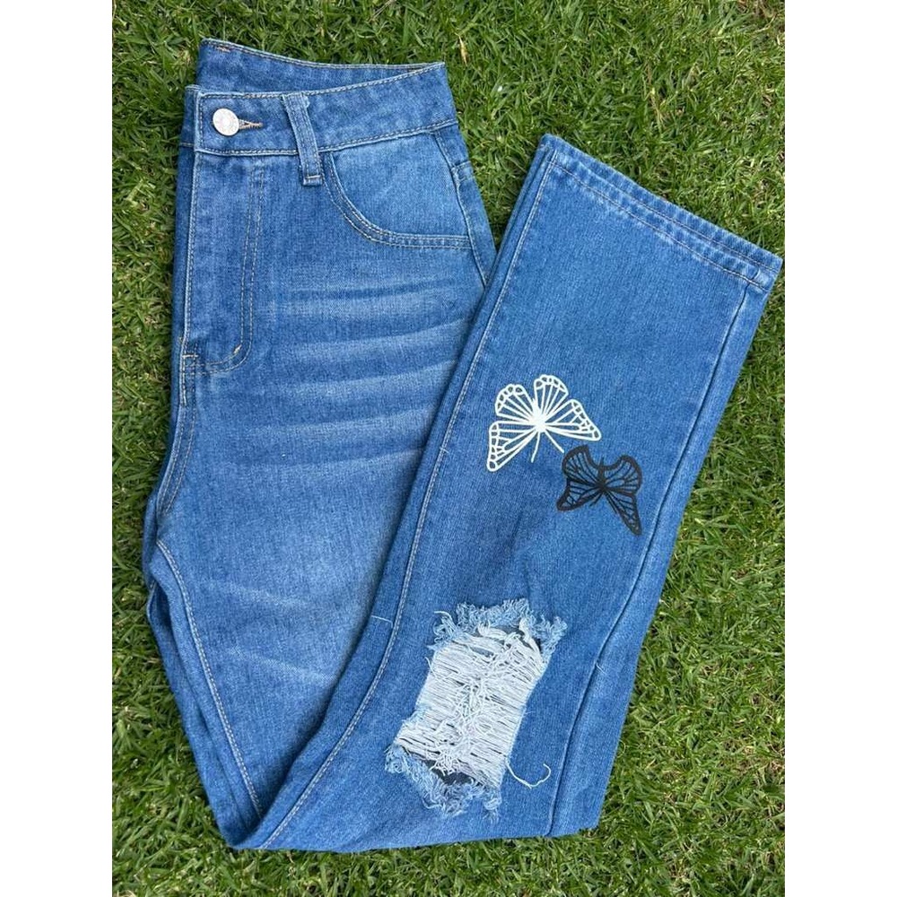 Butterfly Graphic Distressed Wide Leg Jeans Medium Wash High Rise Y2K Denim